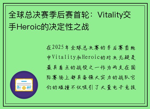 全球总决赛季后赛首轮：Vitality交手Heroic的决定性之战